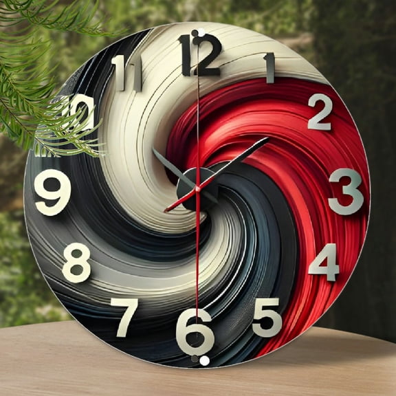 2D Non-real Clock, Red and Black Tai Chi Hanging Clock Vintage Round Metal Sign , High Definition Printing, Waterproof ; Dustproof - Perfect for Home, Cafe, Office Decoration Aluminum Plate