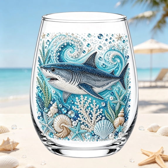 2D Ocean Creature Stemless Tumbler Handcrafted Marine Animal Themed Glass Cup Novelty Drinking Glass for Coastal Home Bar Decor Ocean Lover Gift