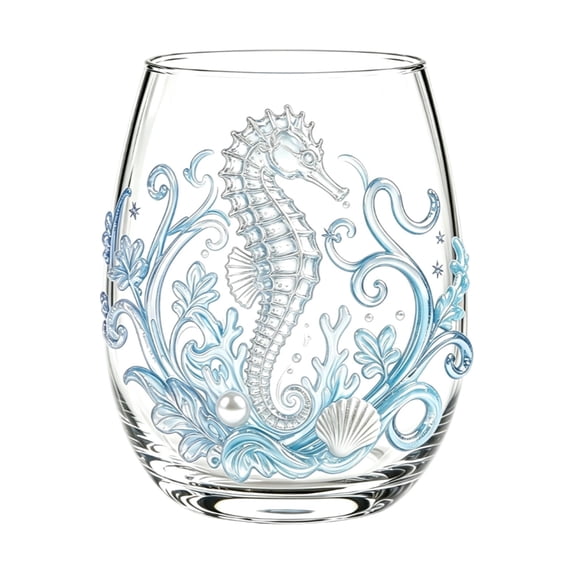 2D Ocean Printed Stemless Glass Cup Egg Shaped Drinking Tumbler For Water Juice Coastal Home Decor