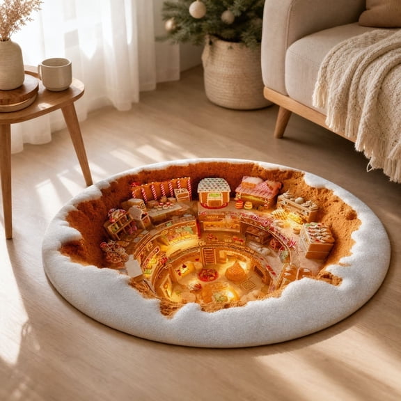 2D Optical Illusion Christmas Round Rug 31.531.5 inch, Gingerbread Village Hole Visual Effect Floor Carpet, Non-Slip Festive Decorative Bedside Area Rug for Living Room Bedroom Holiday Home Decor