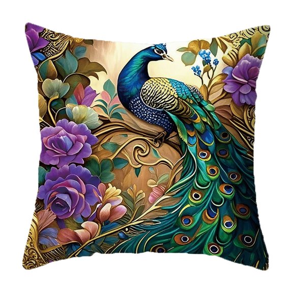 2D Peacock Embroidered-Style Pillow Cover, 17.72x17.72 Inches - Vintage Decorative Printed Pillowcase for Sofa, Bed, and Home Decor