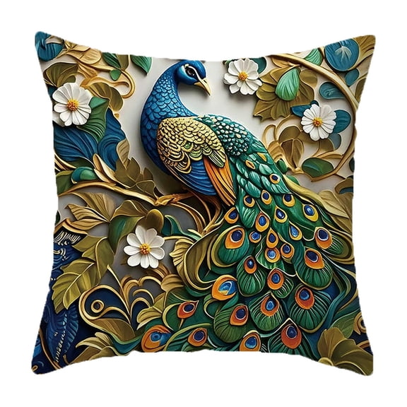 2D Peacock Print Pillow Cover Embroidered-style Polyester Cushion Cover Vintage Decorative Pillowcase For Sofa Bed Home Decoration