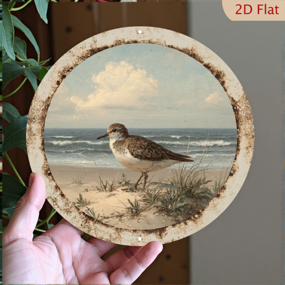 2D Plane Circular Rust Effect Metal Sign Beach Bird Seascape Retro Coastal Wall Art for Home or Seaside Cafe, 2D Flat, Perfect for Room Decor