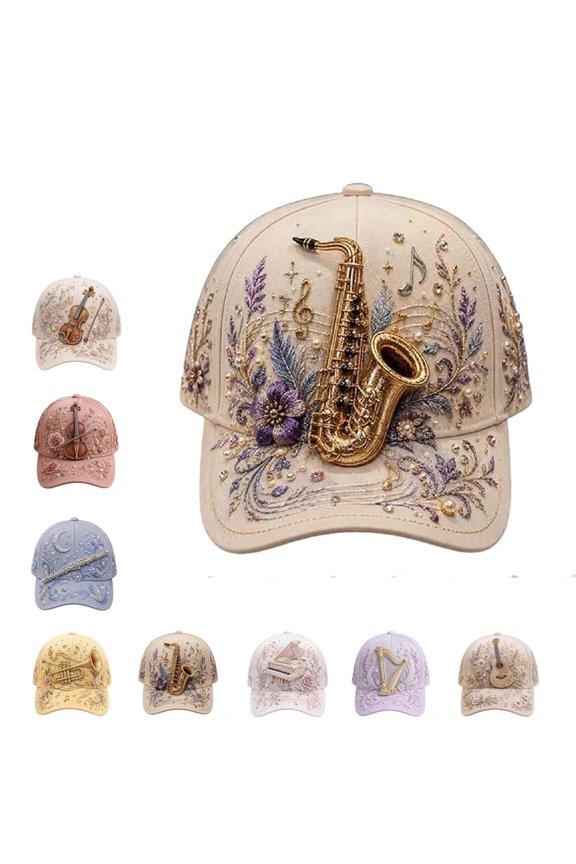 2D Print Musical Instrument Cap Women’s Baseball Hat Beaded Detail |Adjustable Fit | Unique Baseball Cap | Gift for Music Lovers (Saxophone-1PCS)