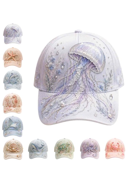 2D Print Ocean Creatures Cap Women’s Baseball Hat Beaded Detail |Adjustable Fit | Unique Baseball Cap | Gift for Ocean Lovers,with Ocean Themed Patterns Unisex Hat (Jellyfish-1PCS)