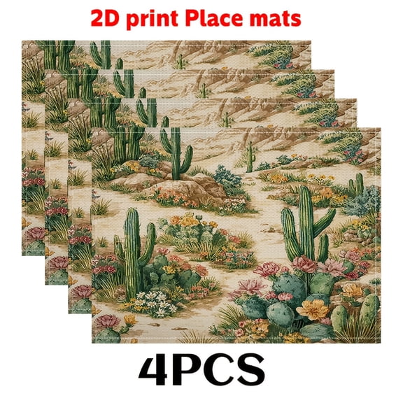 2D Print Sets of 4, Featuring Cacti Dancing with Flowers. These Durable Placemats Serve As Both Coffee Mats And Dish Holders, Ideal for a Desert Garden Theme