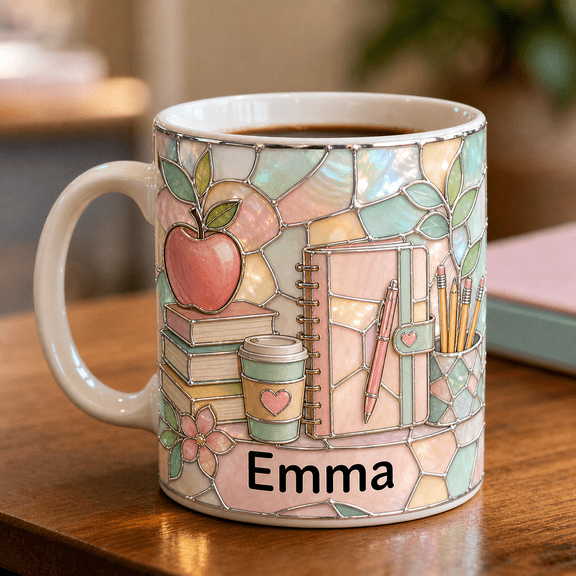 2D Printed 3D Effect Mug Pastel Teacher Desk Ceramic Coffee Cup for Classroom Desk Teachers