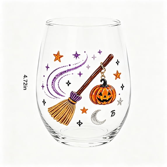 2D Printed Halloween Stemless Glass Cup, Spooky Ghost Black Cat Pumpkin Pattern Wine Tumbler, Seasonal Halloween Party Drinkware Decor