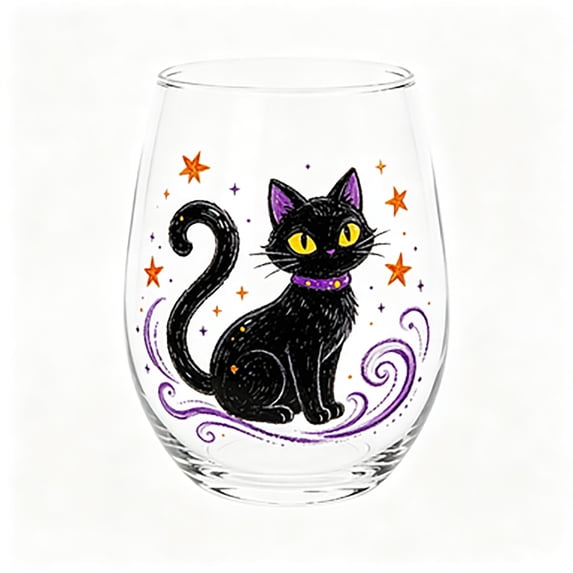 2D Printed Halloween Stemless Glass Cup, Spooky Ghost Black Cat Pumpkin Pattern Wine Tumbler, Seasonal Halloween Party Drinkware Decor