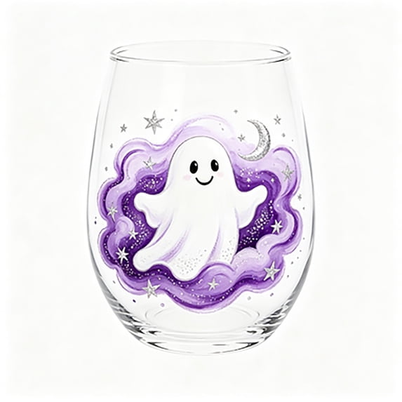2D Printed Halloween Stemless Glass Cup, Spooky Ghost Black Cat Pumpkin Pattern Wine Tumbler, Seasonal Halloween Party Drinkware Decor