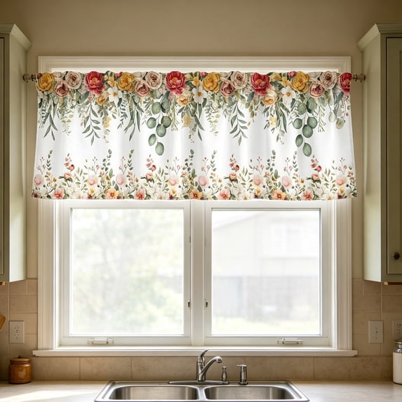 2D Printed Kitchen Curtains, 24" Short Washable Window Valances, Decorative Half Curtain Panels for Sink, Bathroom & Cafe Styling, Light Filtering Privacy Drapes, A