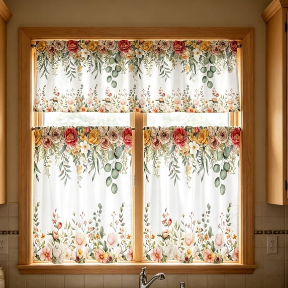 2D Printed Kitchen Curtains, 24" Short Washable Window Valances, Decorative Half Curtain Panels for Sink, Bathroom & Cafe Styling, Light Filtering Privacy Drapes, C