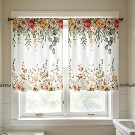 2D Printed Kitchen Curtains, 24" Short Washable Window Valances, Decorative Half Curtain Panels for Sink, Bathroom & Cafe Styling, Light Filtering Privacy Drapes, B