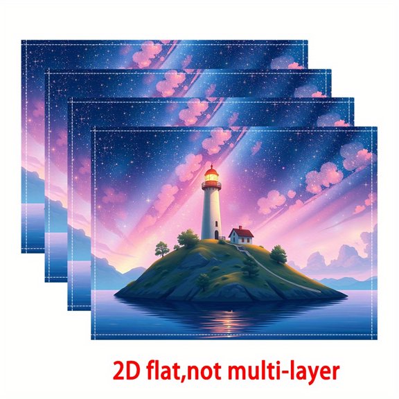 2D Printed Placemats Featuring a Dreamy Pink And Blue Night Sky with a Lighthouse Island, Perfect for Dining, Indoor And Outdoor Gatherings, And Party Decorations.