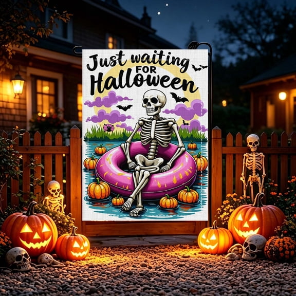 2D Printed Relaxing Skeleton Inflatable Float Garden Flag, Purple Cloud Pumpkin Bat Front Porch Decor, No Flagpole, Halloween Gift