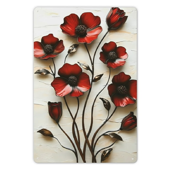 2D,Red poppy flower metal iron sign, rustic antique effect wall art, easy to hang home decor for home, kitchen, bedroom, garden, bathroom, garage, hotel, office, bakery