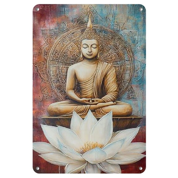 2D Retro-Inspired "Geometry and Lotus Buddha" Vintage Metal Iron Sign (8"X12") - Ideal For Room Wall Decor, Restaurant & Cafe Ambiance, And Bar Accent