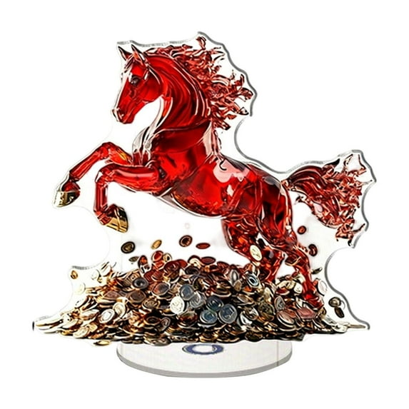 2D Rotatable Acrylic Horse Ornament – Red Horse Coin Figurine for Valentine’s Day Lunar New Year Lucky Wealth Desktop Decoration Zodiac Year of the Horse Gift 360° Spin Stand – 10x5cm