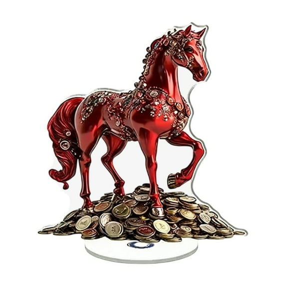 2D Rotatable Acrylic Horse Ornament – Red Horse Coin Figurine for Valentine’s Day Lunar New Year Lucky Wealth Desktop Decoration Zodiac Year of the Horse Gift 360° Spin Stand – 10x5cm