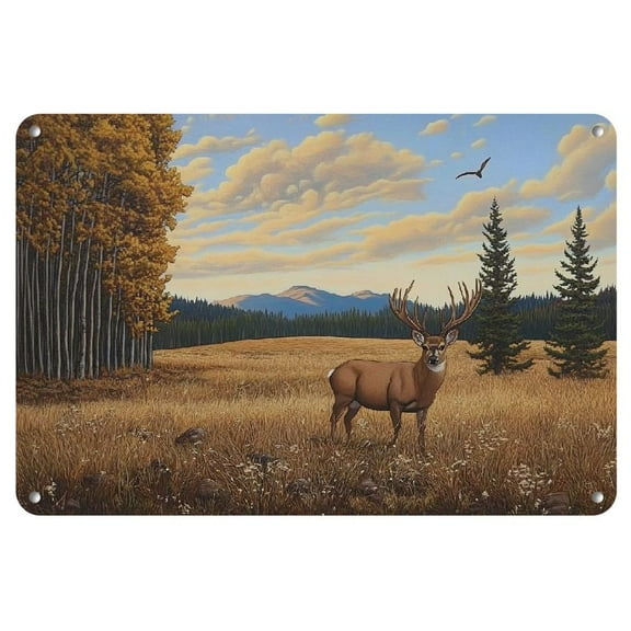 2D Rustic Deer in Field Iron Wall Art, Frameless High-Quality Metal Painting, 8x12inch, Nature Landscape Decor for Home & Outdoor Spaces