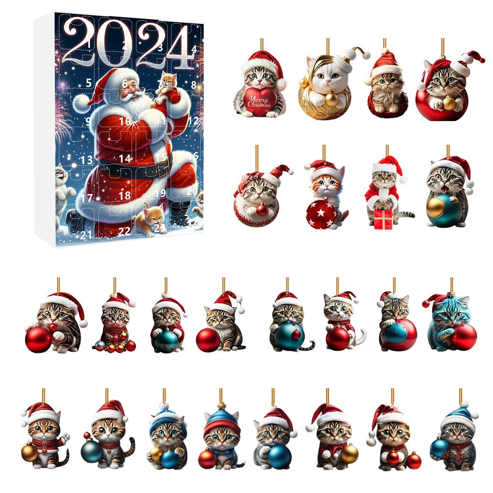 2D Santa And Cat Home Ornaments 2024 Christmas Holiday Advent Calendar