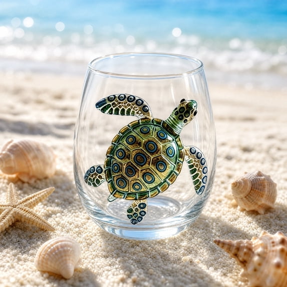 2D Sea Themed Stemless Wine Glass C, 4.2x3.9x3.1in, Ocean Art Glass Tumbler for Beach Home Decor, Nautical Bar Drinkware Gift