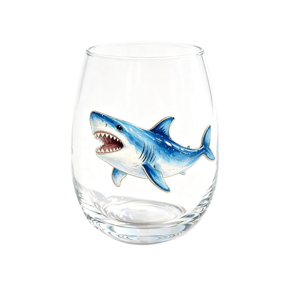 2D Shark Stemless Wine Glass 12 oz, Ocean Themed Glassware with Colorful Print, Coastal Home Bar Decor, Nautical Gift for Marine Lovers