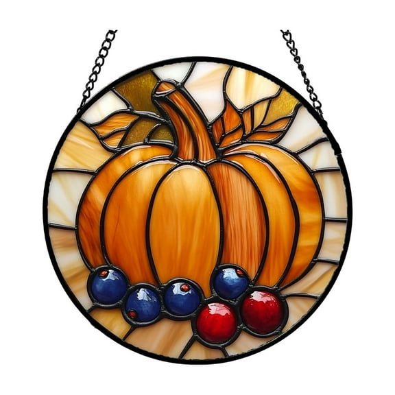 2D Stained Glass Window Hanging with Pumpkin & Berry Design – Thanksgiving & Christmas Decorative Suncatcher for Fall, Holiday, or Halloween Window Display