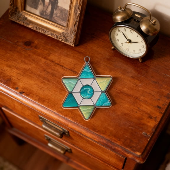 2D Star Of David Hanging Ornament - Stained Glass Style With Ocean Wave Center, Geometric Design For Home Decor, Wall Art, Window Display, Holiday Accent, Gift For Friends Family