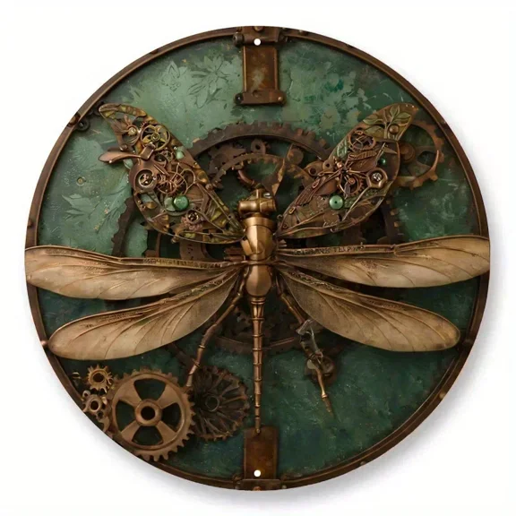 2D Steampunk Dragonfly Aluminum Wall Art Vintage Rustic Bronze-Green Sign with Gear & Floral Accents