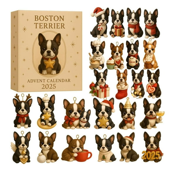 2D Terrier Advent Calendar Christmas Decoration with Acrylic Pendant, Boston Terrier Themed Christmas Countdown Calendar with Blind Box Surprises