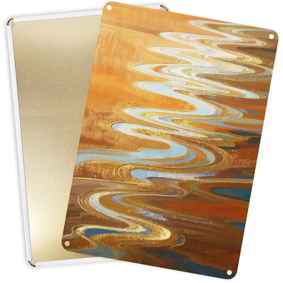 2D Tinplate Vertical Wall Decor Abstract Golden Wave Landscape Pattern | HD Print Pre-Drilled Waterproof 12x16 Inch (30x40cm)