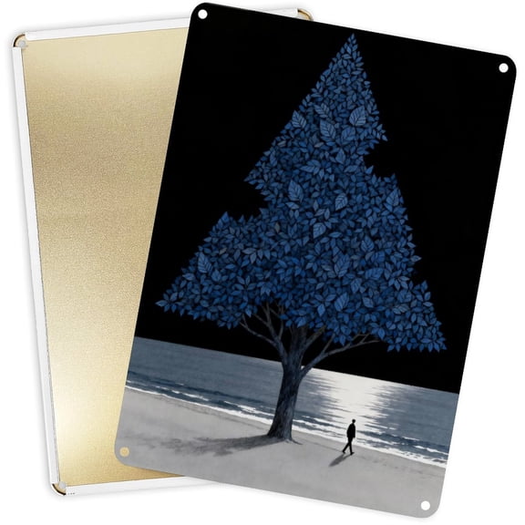 2D Tinplate Vertical Wall Decor Blue Tree Beach Pattern | HD Print Pre-Drilled Waterproof 12x16 Inch (30x40cm)