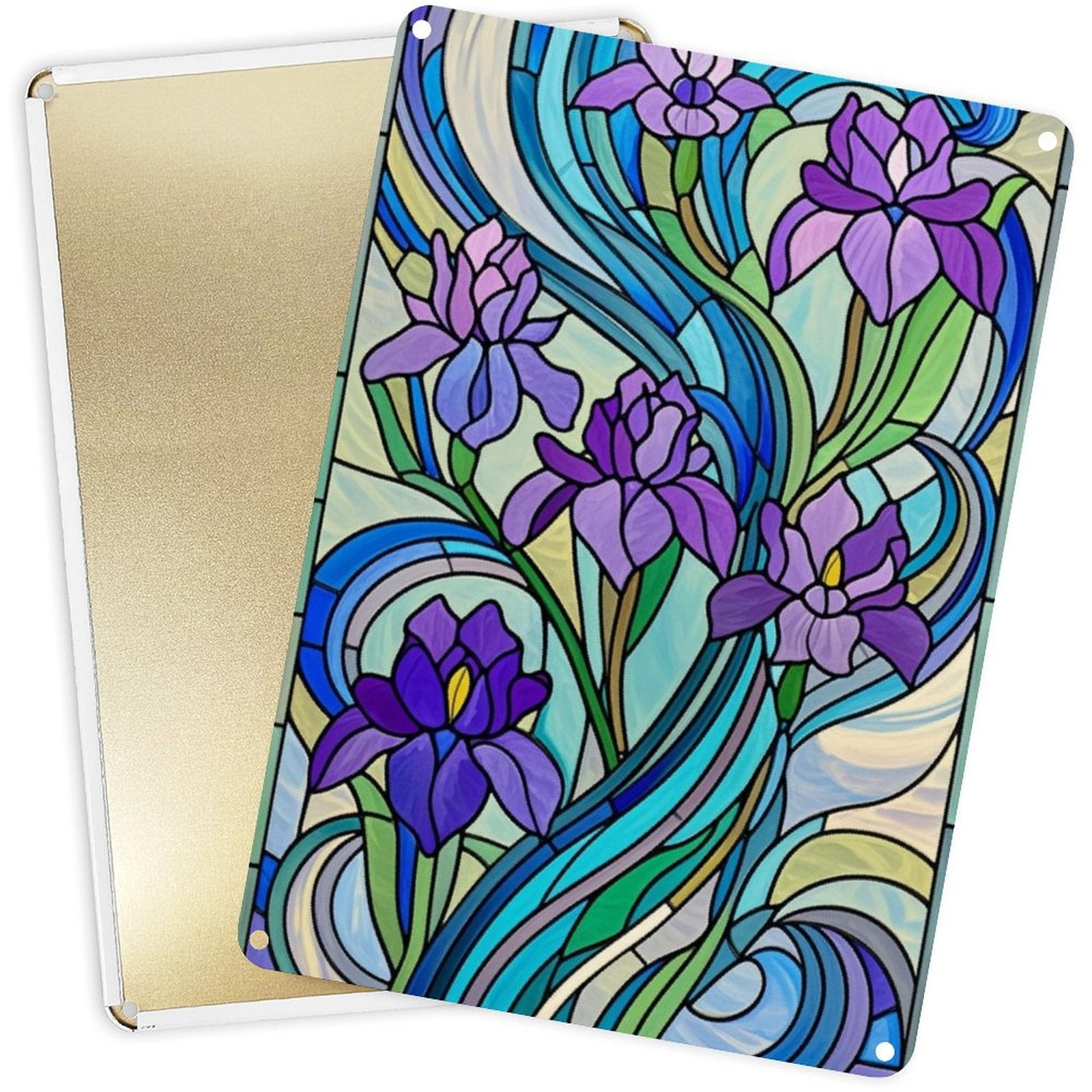 2D Tinplate Vertical Wall Decor Stained Glass Style Purple Iris Floral ...