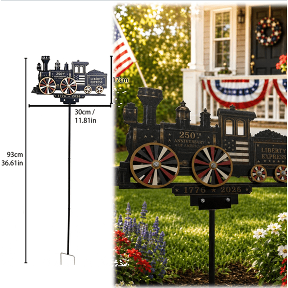 2D Train Wind Spinner Garden Stake, 250th Anniversary Train Yard Stake, Patriotic Outdoor Rotating Windmill, 36'' Liberty Express Yard Art Ornament for Garden Lawn 1pcs