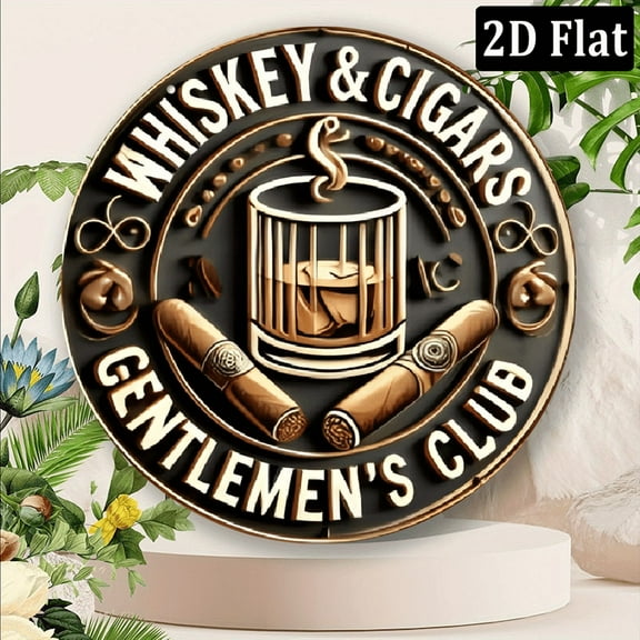 2D Vintage Whiskey &amp; Cigars Gentlemen'S Club Aluminum Sign - 1pc 8*8 Inch Metal Wall Art Decor With For Bar, Kitchen, Man Cave, Indoor Patio Plaque