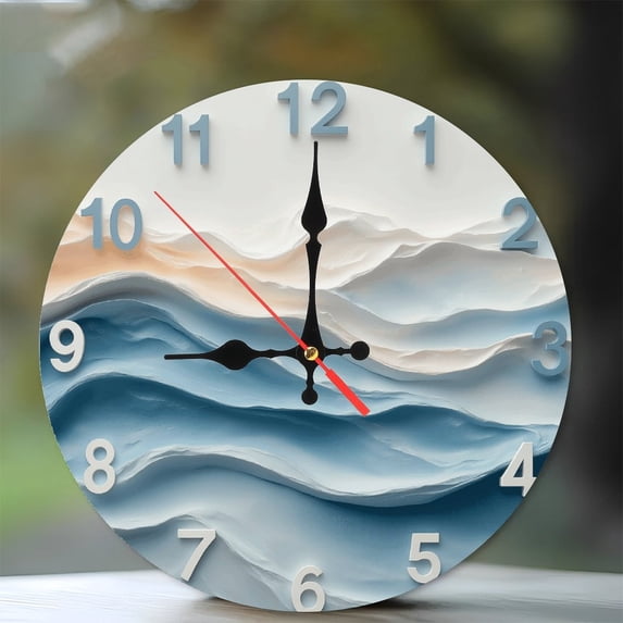 2D Wall Art Clock with Wavy Ocean Design 10-Inch Silent Wooden Wall ...