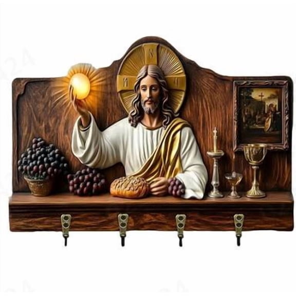 2D Wall Mounted Key Holder Religious Jesus Decorative Key Rack Wooden Key Organizer with 4 Hooks for Home Entryway 11.8x7.5 Inches