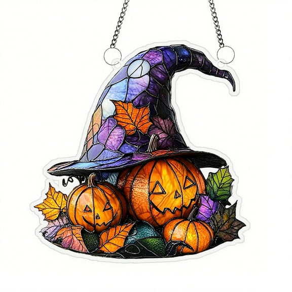 2D Witch Window Hanging - Acrylic Stained Glass, Halloween Wall Panel Decor, Catches Sunlight, Easy to Hang, Indoor Outdoor Use
