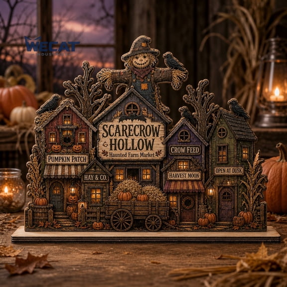 2D Wooden Block Scarecrow Hollow Haunted Farm Wooden Tabletop Display for Halloween Decor