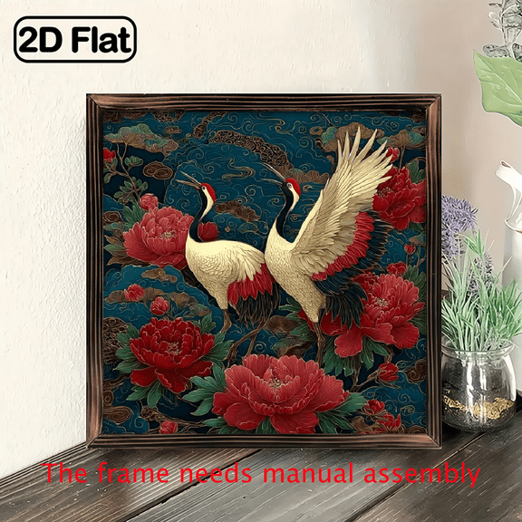 A 2D Wooden Framed Wall Art Featuring a Farm-Style Red-Crowned Crane - a Creative Wall Decoration Suitable for Home, Living Room, Bedroom, Kitchen, Caf, Bathroom, Office, for Both Indoor And Ou