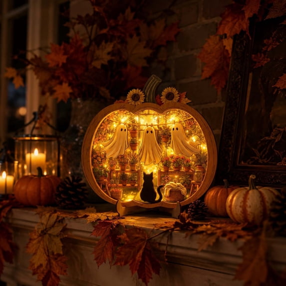 2D Wooden Ghost Pumpkin Tabletop Ornament, No Light Rustic Fall Tiered Tray Decor Sign, Farmhouse Halloween Wood Block Decor for Home Mantel Shelf Desk Living Room Holiday Decoration, C