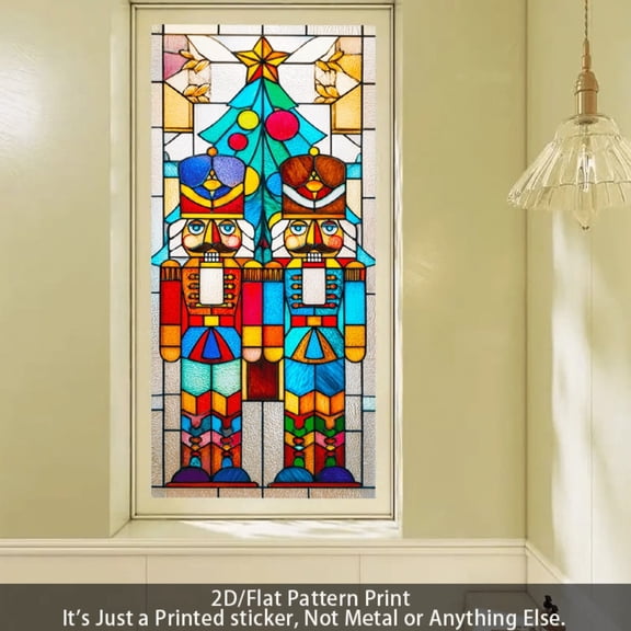 2D flat, 1 Christmas Nutcracker Double Guardian frosted glass sticker - Retro red and blue Christmas tree with star pattern design 17.71×39.37in (45×100cm). Electrostatic adsorption, PVC window stick