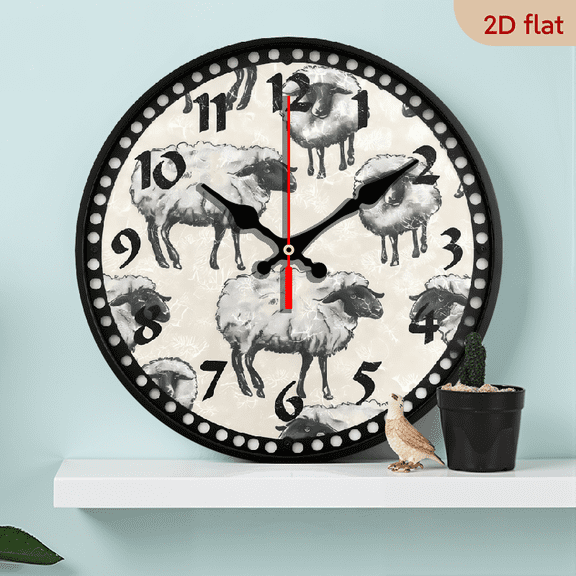 2D Flat 1pc 10Inch Wooden Cute Sheep Wall Clock, Silent Non Ticking 10 Inch Battery Operated Wall Clocks, Easy to Read Clock for Home Kitchen Living Room Bathroom Office Decor
