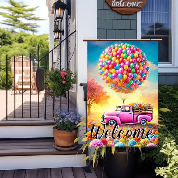 2D flat 1 Courtyard Flag - Outdoor Decoration - Pink truck and hot air balloon pattern design - Courtyard flag placement. It is very suitable for your interior or room decoration, garden decoration,
