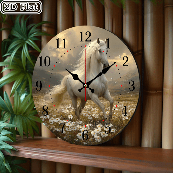 2D flat 1 galloping Mustang wooden clock home and seasonal decoration, suitable for courtyard, mall, caf é, home, best gift, friend room decoration Halloween 10 * 10 inches