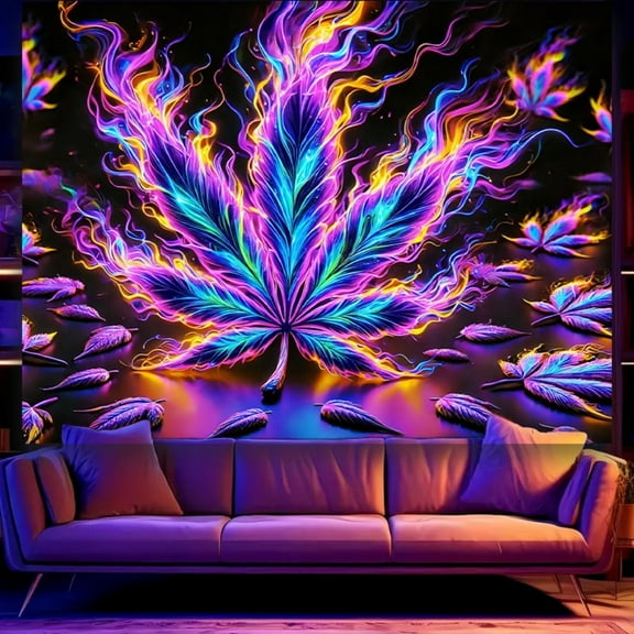 Black Light Tapestry, Neon Psychedelic Flame Leaves Tapestry, UV Reactive Blacklight Posters Wall Decor for Living Room Bedroom