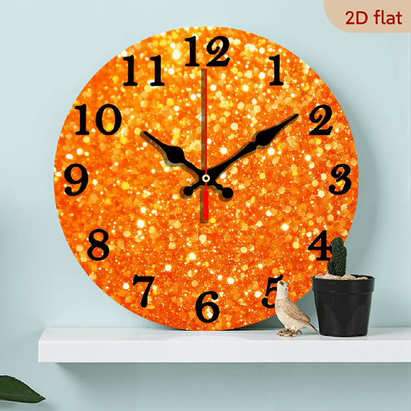 2D flat 1 piece of 10 inch orange sparkling texture wall clock decoration, 10 inch wooden circular wall clock, battery driven, modern home decoration for home, kitchen, swimming pool, bathroom
