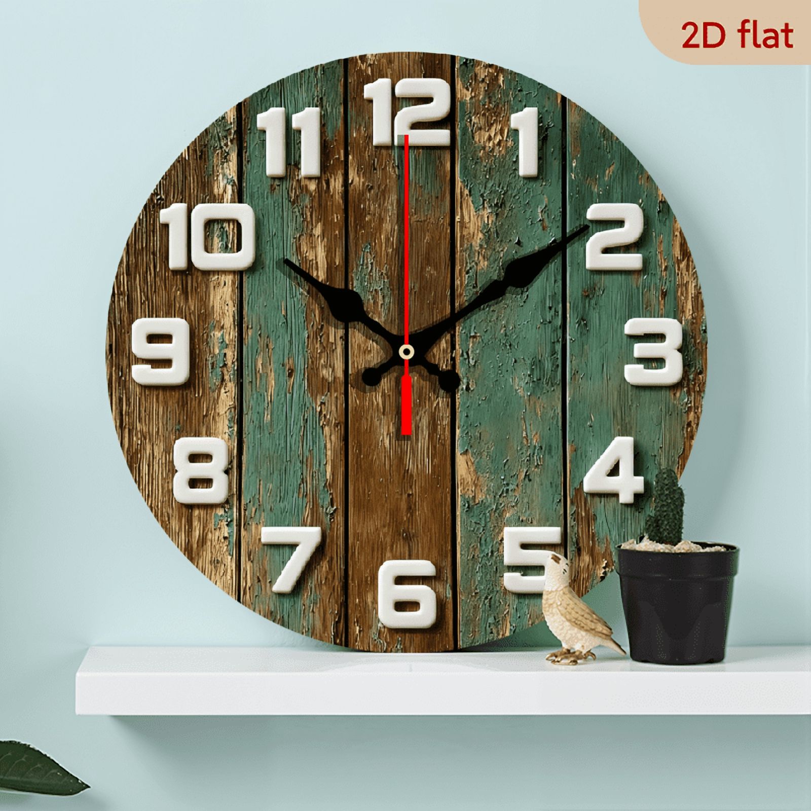 2D flat 1 piece 10 inch wooden retro green design silent wall clock ...