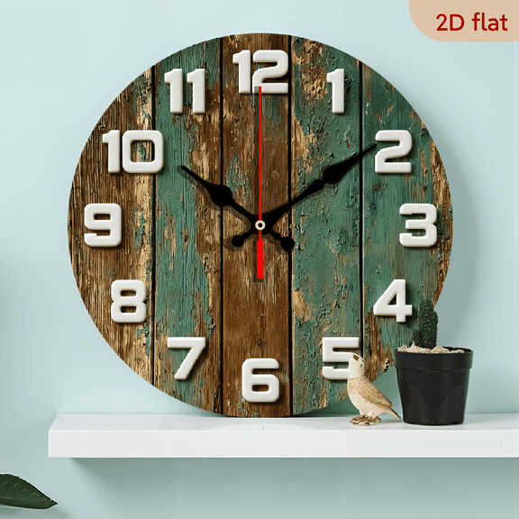 2D flat 1 piece 10 inch wooden retro green design silent wall clock, suitable for home decoration, gift giving, AA battery (excluding battery)